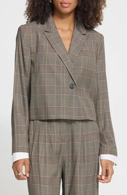 ICHI Plaid Cropped Blazer in Black/toasted Check at Nordstrom, Size 36 | Nordstrom
