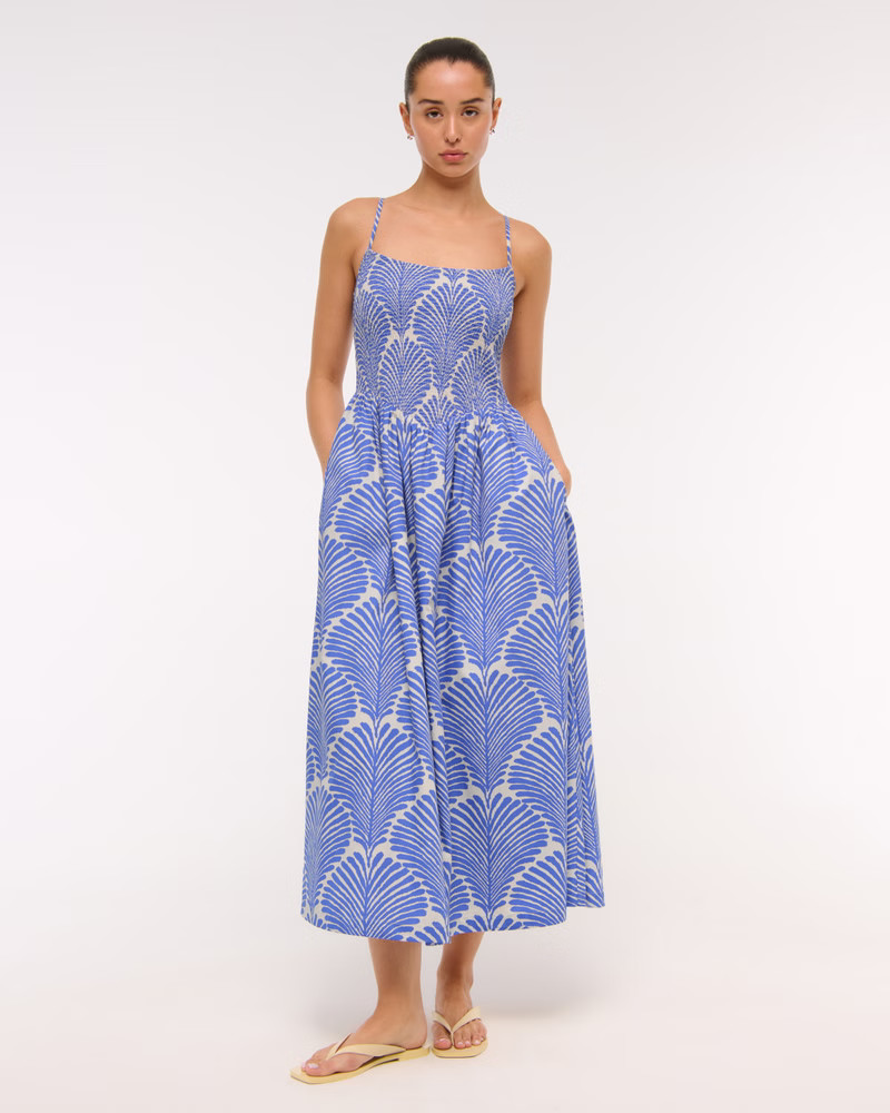 Dipped-Waist Smocked Midi Dress | Abercrombie & Fitch (US)