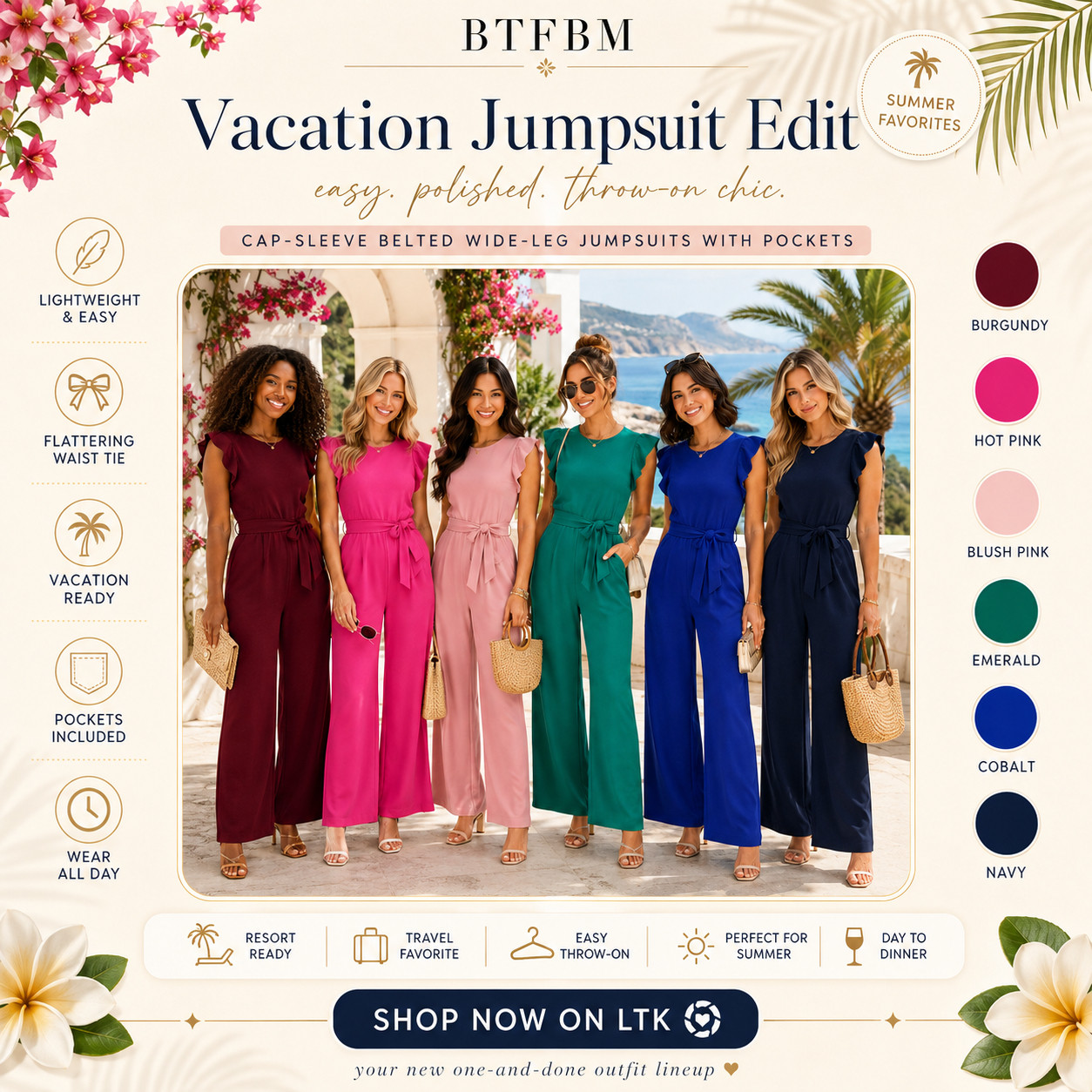 BTFBM Summer Chic | Dressy Cap Sleeve Belted Wide-Leg Jumpsuits with Pockets (!!)

The easiest one-and-done outfit when you want to look polished without putting a full look together!! ☀️ 

These BTFBM wide-leg jumpsuits are perfect for anyone who wants something comfortable, flattering, and elevated enough for summer plans but still easy enough to throw on and go. 

The cap sleeves feel polished, the waist tie gives shape, the wide-leg fit keeps it breezy, and the pockets make it practical for real life.

This is such a good vacation, travel, resort, dinner, brunch, errands, work-to-weekend, and summer event piece because it gives you that styled outfit look with almost zero effort. 

Add sandals for daytime, wedges for dinner, sneakers for travel, or gold jewelry and a woven bag to make it feel more dressed up.

It solves the “I want to look put together but I don’t want to think about matching pieces” problem perfectly — comfortable, easy to rewear, and elevated enough to pack for multiple outfits in one trip.

I pulled together the colors worth checking first so you can skip the scroll and go straight to the shades that feel the most wearable for summer, travel, and day-to-dinner plans.

📌 SAVE this for vacation outfits, easy travel looks, and one-piece summer outfits that do the styling for you.

↓ Everything is linked!

#LTKActive #LTKSaleAlert #LTKTravel