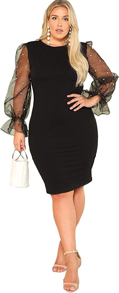 SheIn Women's Plus Size Elegant Mesh Contrast Pearl Beading Sleeve Stretchy Bodycon Pencil Dress | Amazon (US)