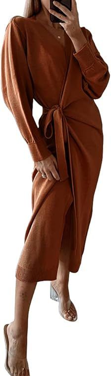 EXLURA Womens Knit Sweater Dress Casual Solid Long Sleeve Wrap Maxi Dresses with Belt | Amazon (US)