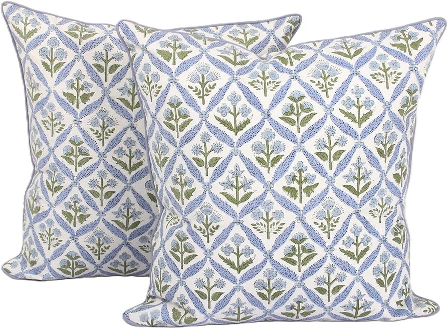 Ridhi Light Steel Blue Block Print Cotton Throw Pillow Covers for Decorative Couch Pillows for Li... | Amazon (US)