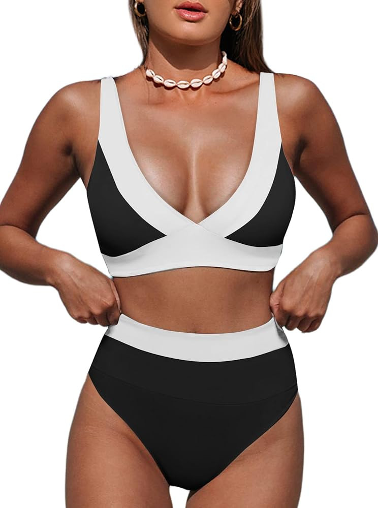 Hilinker Women's Leopard Bikini Swimsuits V Neck High Waisted 2 Piece Bathing Suits | Amazon (US)