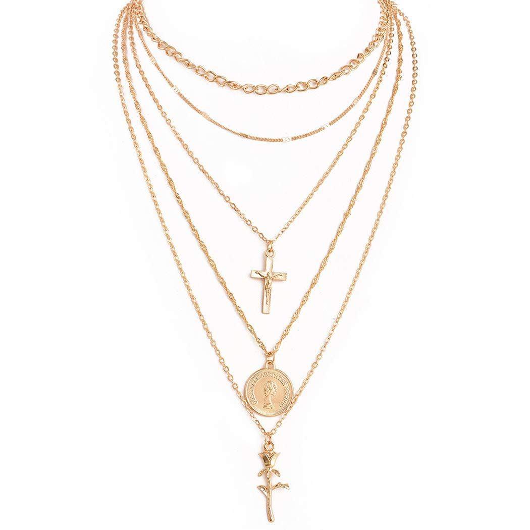 Fstrend Holy Layered Cross Necklace Gold Choker Coin Chain Rose Flower Pendant Multilayered Long Nec | Amazon (US)