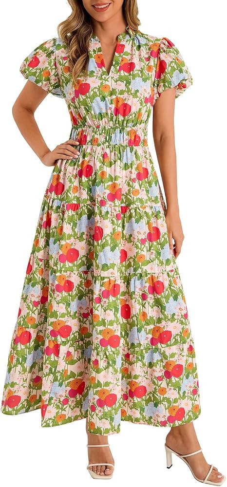 Wenrine Womens Summer Floral Maxi Dress Casual V Neck Puff Short Sleeve Smocked Loose Boho Beach ... | Amazon (US)