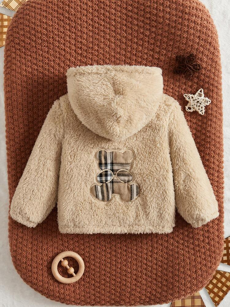 SHEIN Baby Teddy Jacke mit Plaid Bär Muster, Kapuze | SHEIN