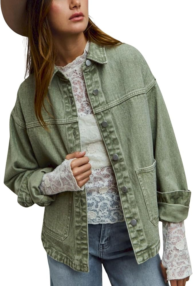 Women's Casual Oversized Denim Jacket Sage Green Contrast Stitch | Amazon (US)