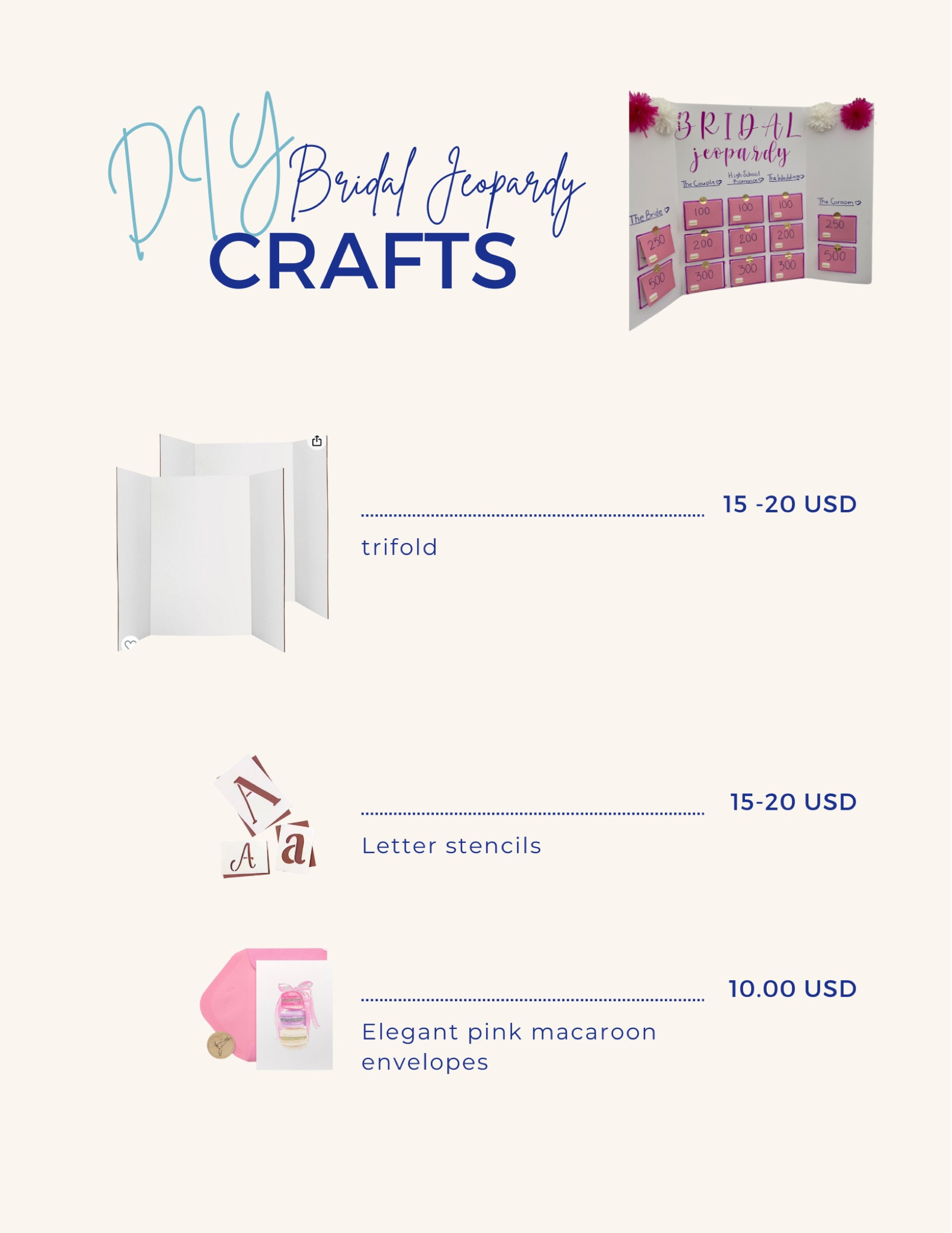DIY Bridal Shower Jeopardy 💍👰🏻‍♀️🎀✉️

Elevate your bridal shower with this charming bridal jeopardy game. Craft pink envelopes adorned with sweet macaroon touches to add a touch of elegance. Perfect for a day filled with laughter, love, and delightful surprises! 💍☕️ #BridalShowerDIY #TeaPartyTheme #WeddingGames
#bridalshowergames #diybridalshower #diycrafts