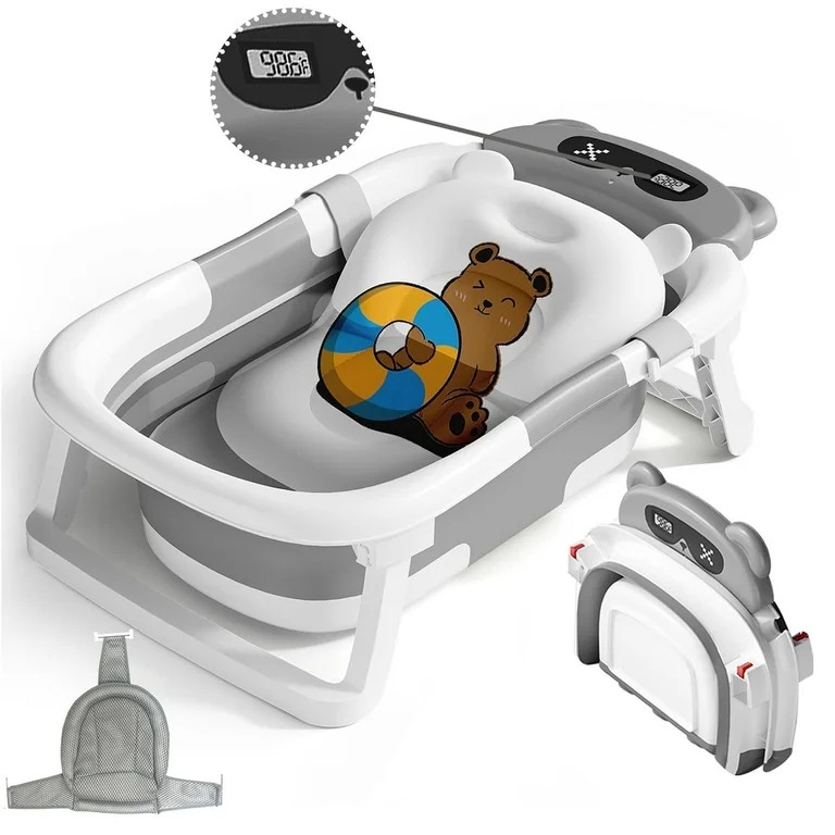 stusgo Collapsible Baby Bathtub, Plastic Baby Bath Tub with Soft Cushion & Thermometer（Grey） | Walmart (US)