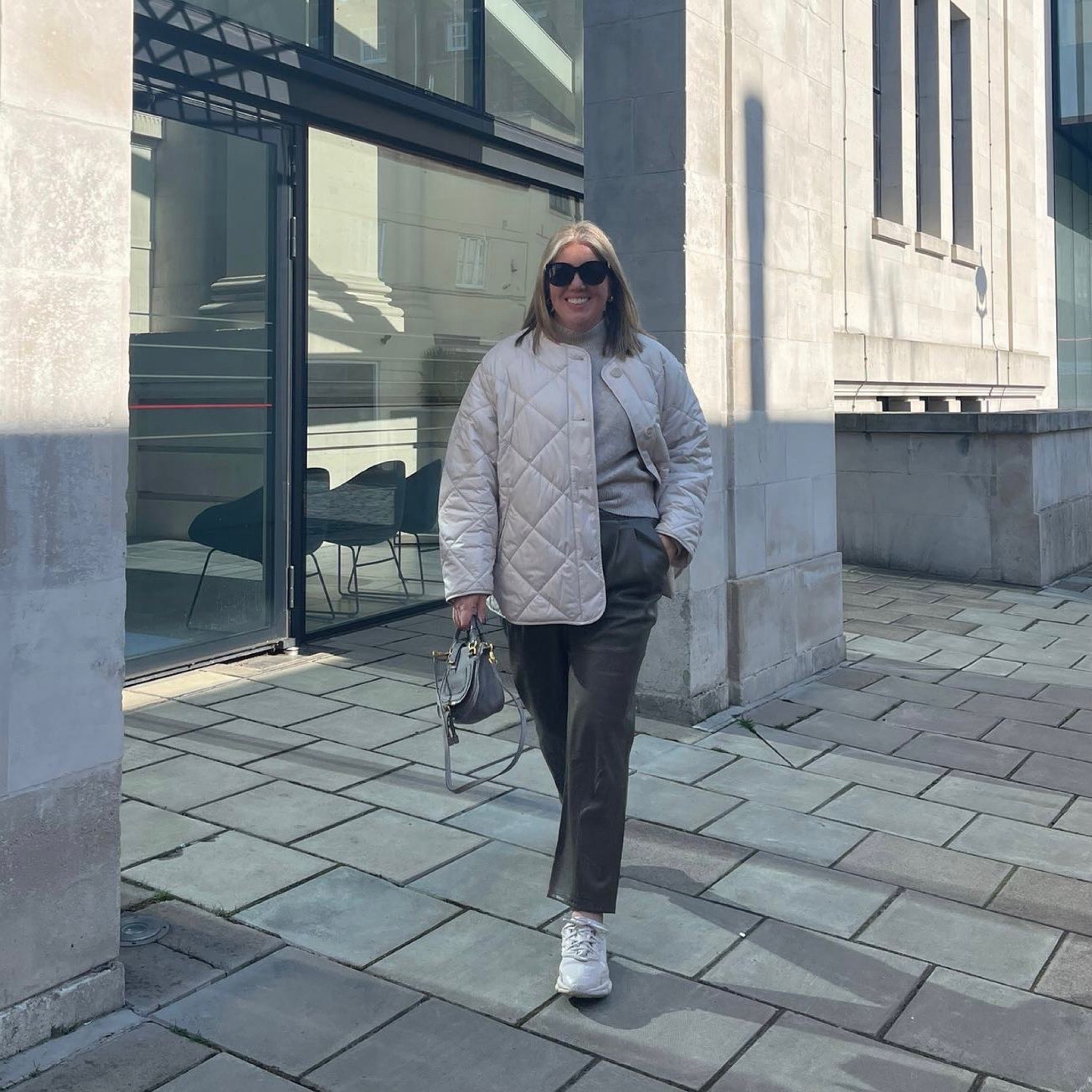 Faux leather trousers, beige knit and quilted jacket, adidas trainers 

#LTKeurope #LTKSeasonal #LTKstyletip