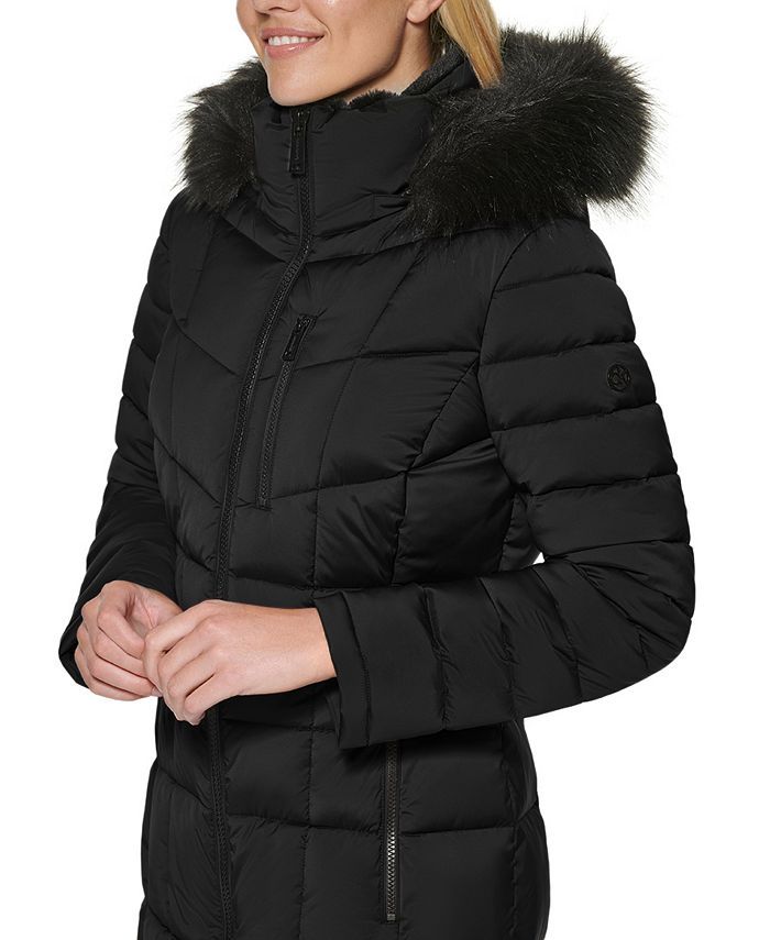 Calvin Klein Petite Stretch Faux-Fur-Trim Hooded Puffer Coat, Created for Macy's & Reviews - Coat... | Macys (US)