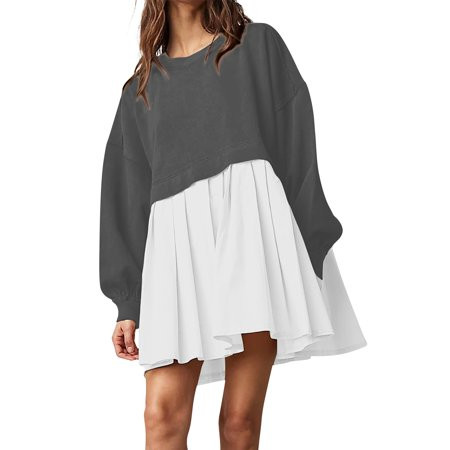 LTTVQM Crew Neck Sweatshirts Dress Women Pleated Oversized Sweatshirt Dress Color Block Pullover Long Sleeve Crewneck Tops Patchwork Flowy Fall Loose Mini Dress Dark Gray XS | Walmart (US)