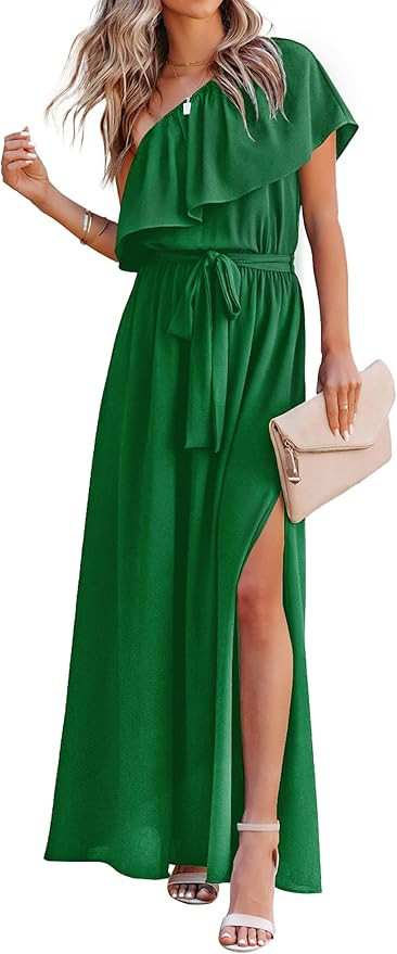 KIRUNDO Womens Summer Maxi Dress Ruffle One Shoulder High Waist Split Beach Party Wedding Guest L... | Amazon (US)