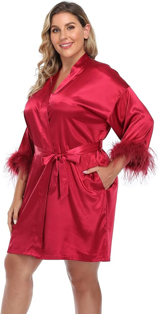 MissNina Bridesmaid Robes with Ostrich Feather Trim Satin Robes Silk Robes Feather Bridal Robes P... | Amazon (US)