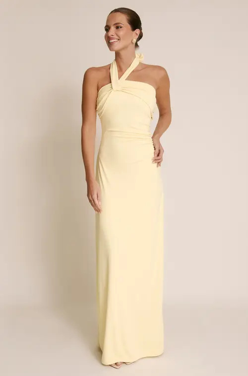 Six Stories Halter Neck Stretch Bridesmaid Dress in Lemon at Nordstrom, Size 14 | Nordstrom