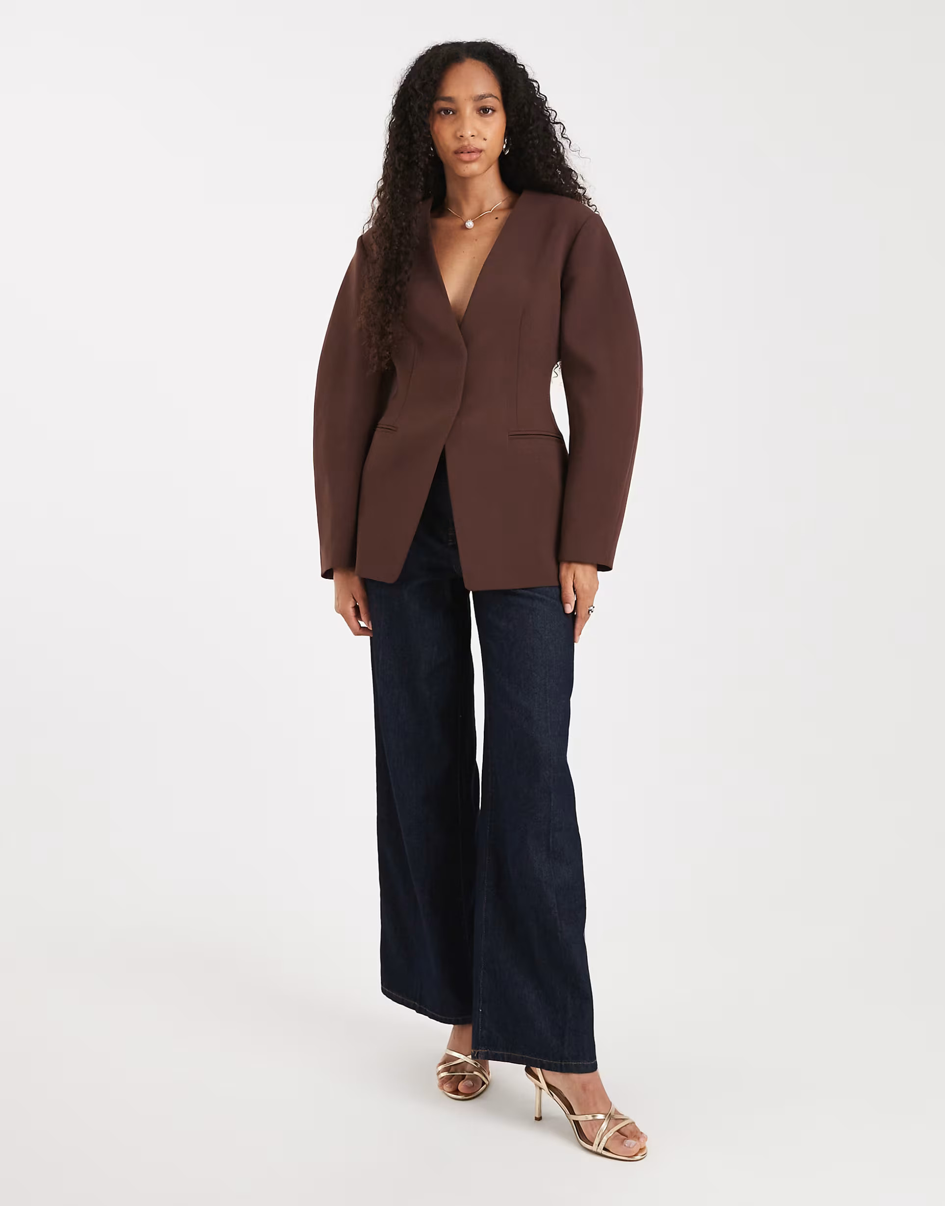 ASOS DESIGN cinch collarless blazer in chocolate | ASOS | ASOS (Global)