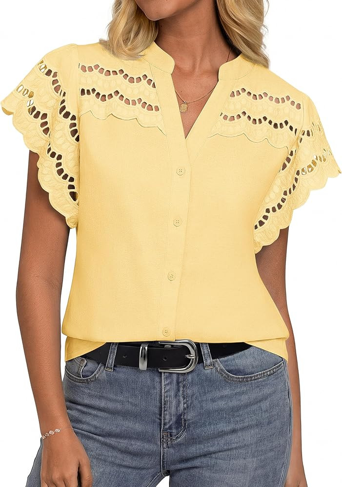 GRACE KARIN Womens Summer Tops Cotton Linen Eyelet Flowy Blouses Beach Vacation V Neck Button Dow... | Amazon (US)