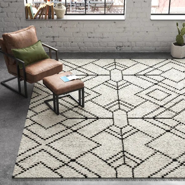 Nola Geometric Textured Shag Power Loom Performance Beige Rug | Wayfair North America