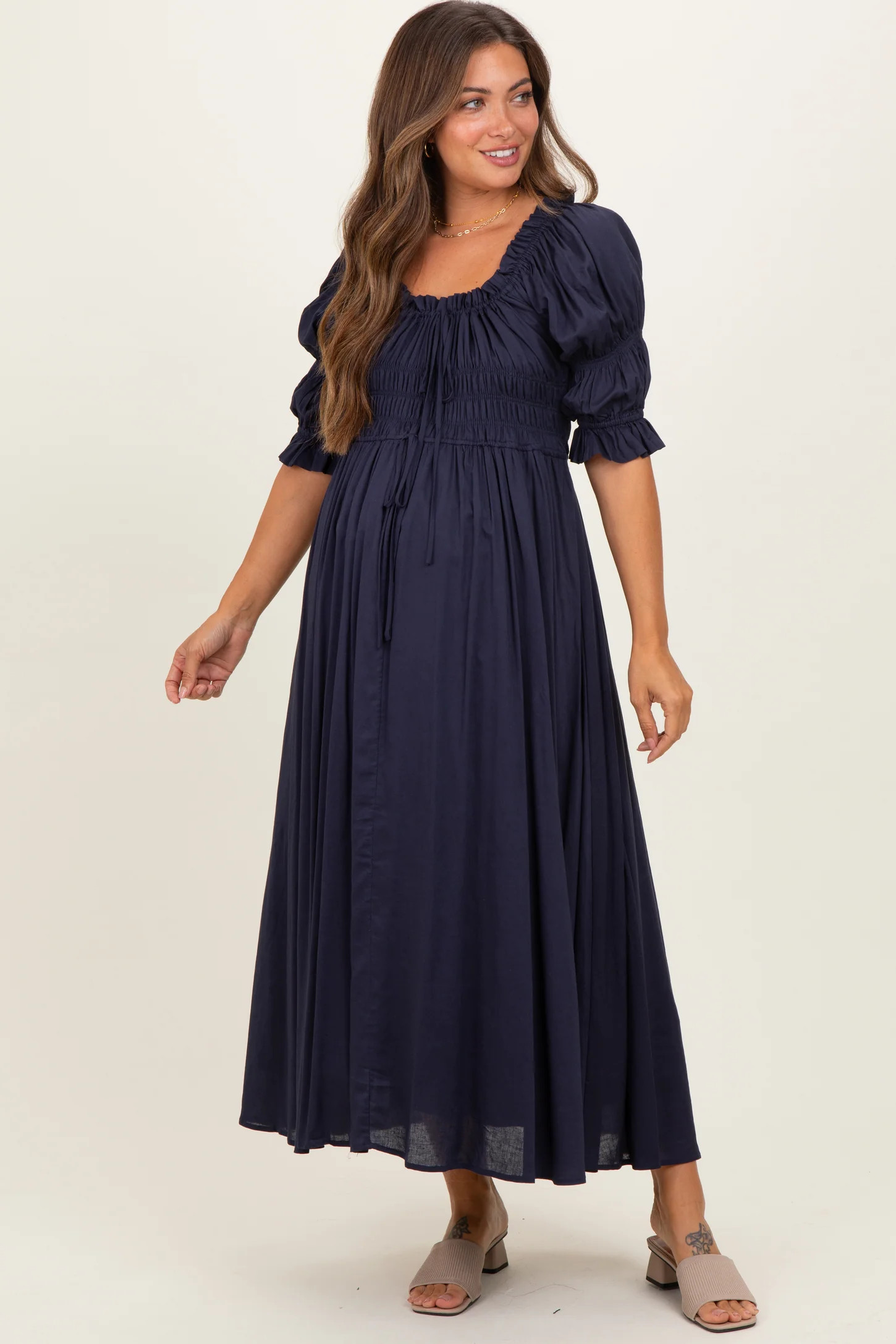 Navy Smocked Ruffle Square Neck Maternity Midi Dress | PinkBlush Maternity