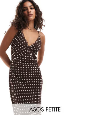 ASOS DESIGN Petite V-neck strappy cross back maxi dress with raw edge details in chocolate dot | ASOS (Global)