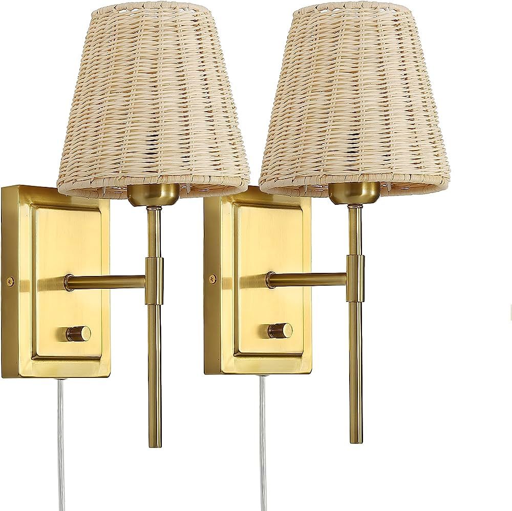 WINGBO Wall Sconce Rattan Wrapped Wall Lamp Set of 2, Wall Light Gold Light Fixture Vintage Bedsi... | Amazon (US)