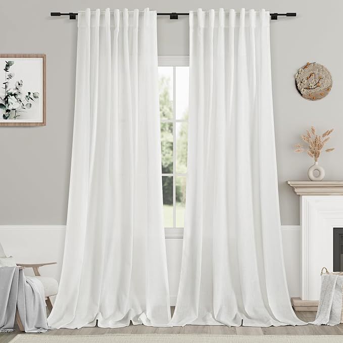 Nanspring Solid Off White Curtains 96 Inches Long 2 Panels Back Tab Sheer Linen Curtains Modern F... | Amazon (US)