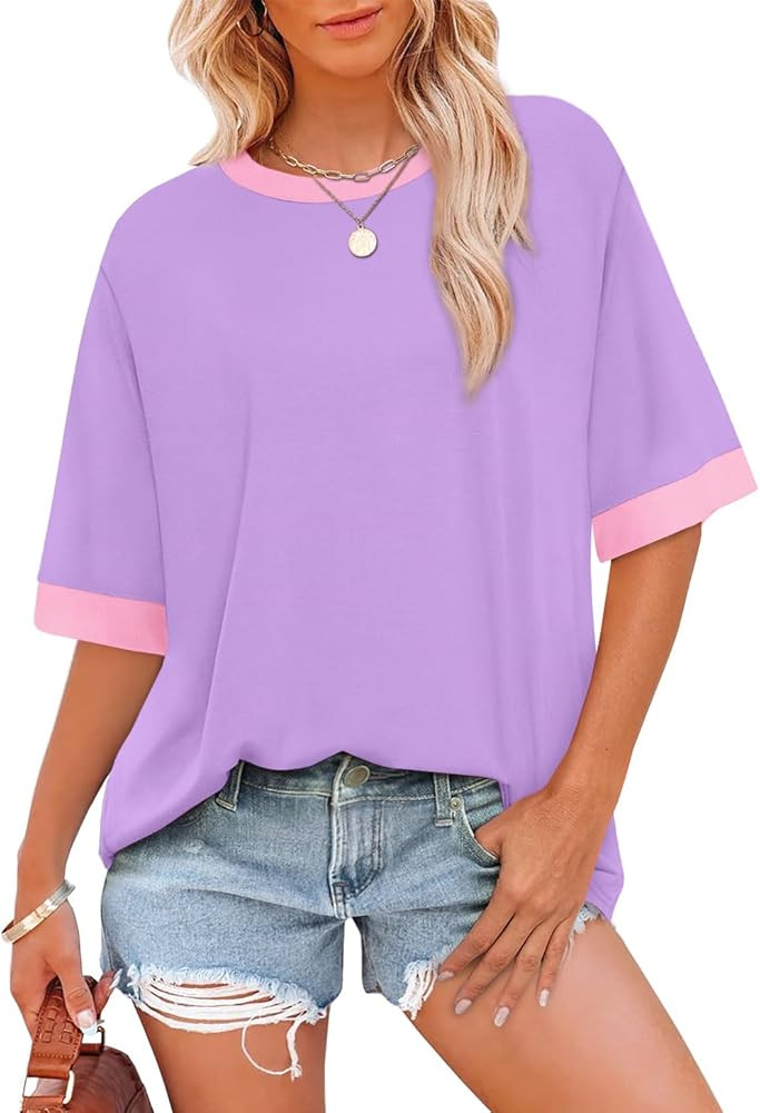 OFEEFAN Summer Tops for Women 2025 Short Sleeve Shirts Dressy Casual Crew Neck Tshirts Fashion | Amazon (US)