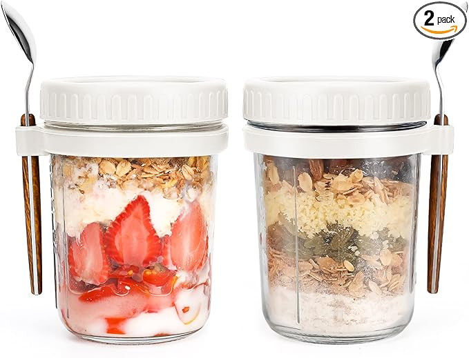 Overnight Oats Jars with Spoon and Lid 16 oz [2 Pack], Airtight Oatmeal Container with Measuremen... | Amazon (US)