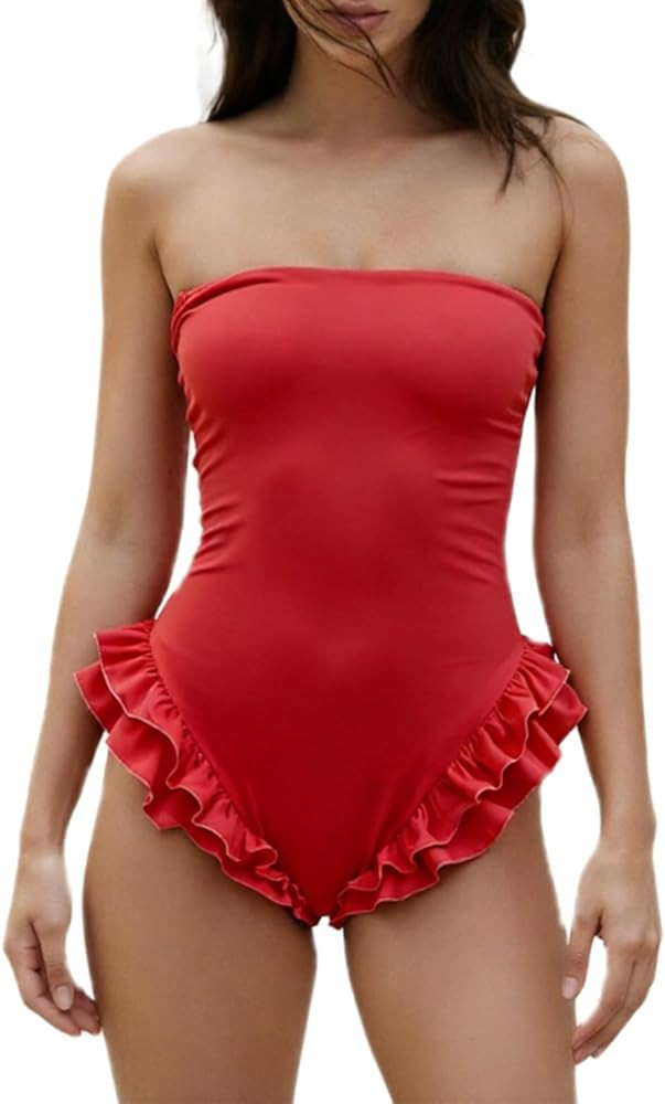 Sunloudy One Piece Ruffles Swimsuit Women Cut Out Back Monokini Bathing Suit Spaghetti Strap Squa... | Amazon (US)