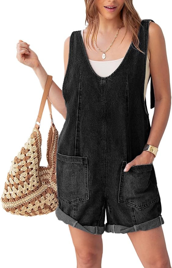 Glamaker Womens Summer Denim Romper Overall Shorts Casual Sleeveless V Neck Jean Romper Denim Out... | Amazon (US)