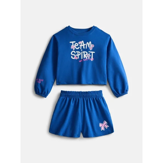 Wonder Nation Little Girls Crewneck Sweatshirt and Shorts Set, 2 Piece, Sizes 4-10 | Walmart (US)