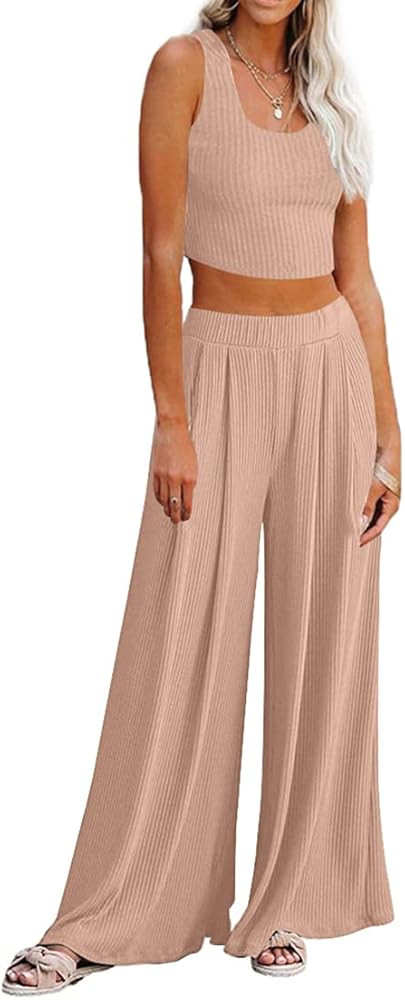 Lveberw Lounge Set Womens, Outfits Sets, Ribbed Crop Top Long Sleeve, Palazzo Pants - Loose Sweatsui | Amazon (US)