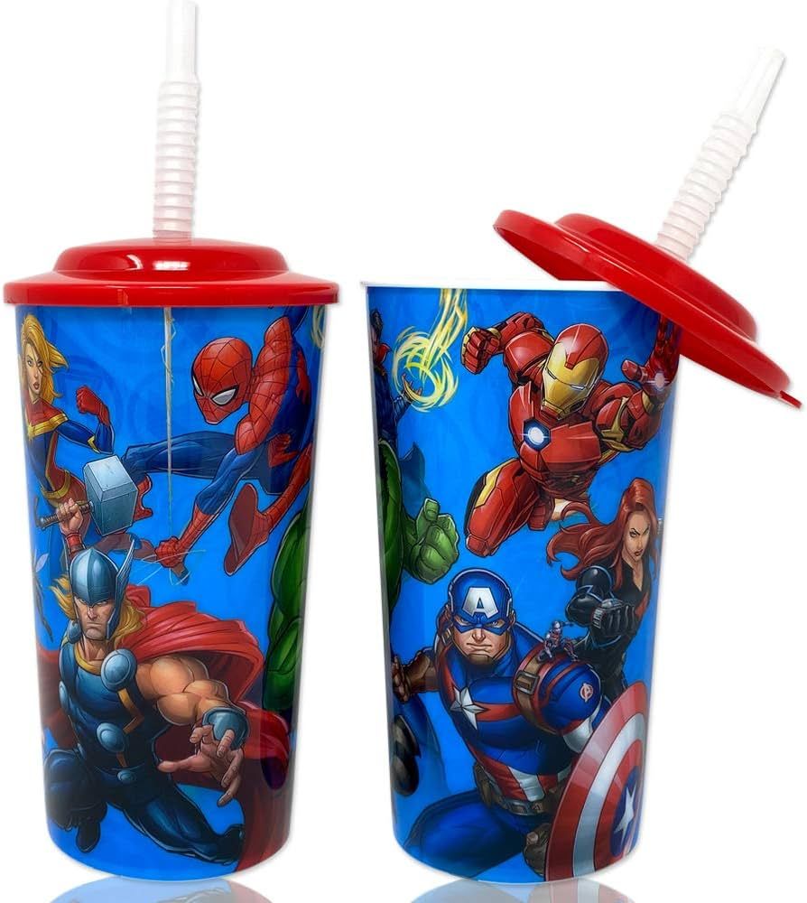 Marvel Superheroes Avengers Water Tumblers with Lid, Reusable Straw Deluxe Gift Set for Kids Boys... | Amazon (US)