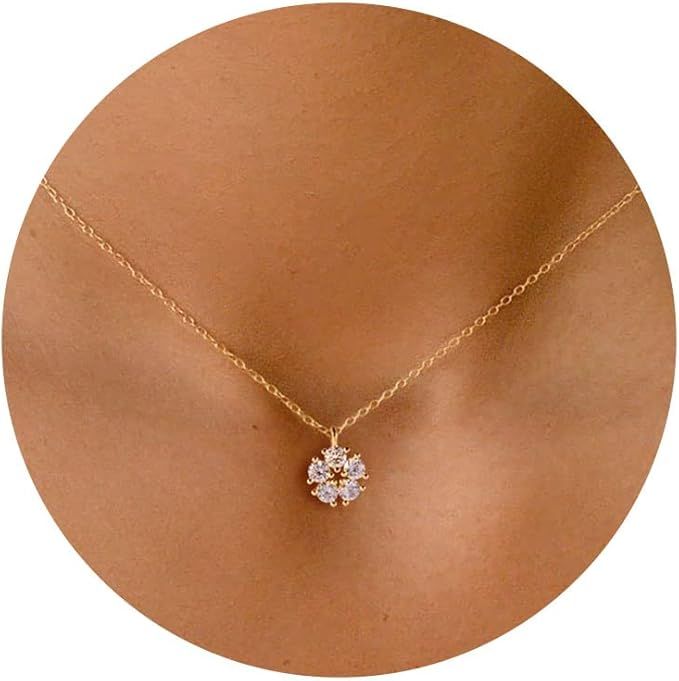 VRIUA Diamond Necklaces for Women, Dainty Gold Necklace 14K Gold Plated Leaf Flower Tiny Butterfl... | Amazon (US)