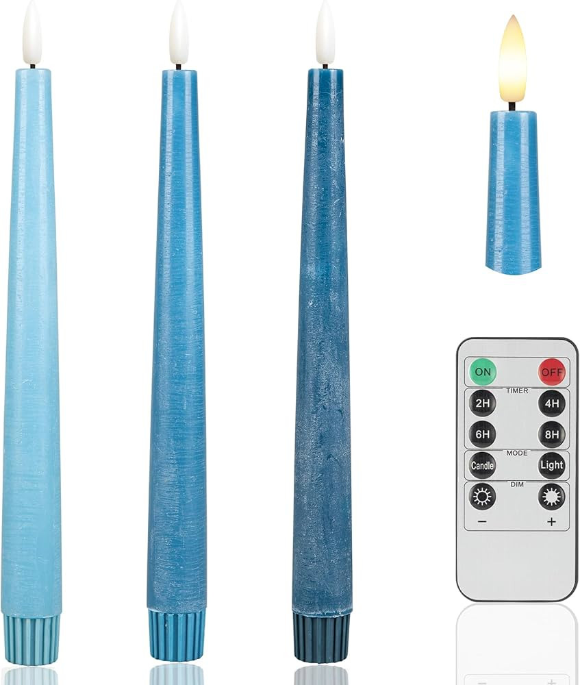 Blue Flameless Taper Candles, 9.6" Real Wax Battery Operated Candles with Remote, 3 Pack Flickeri... | Amazon (US)