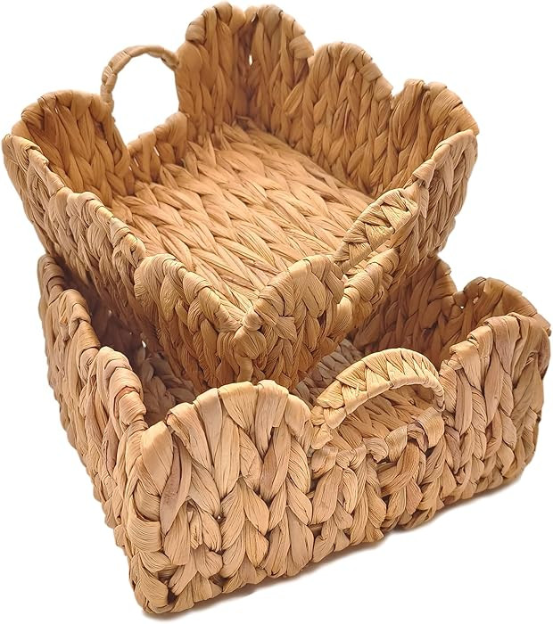 Scalloped Basket,2 Packs Basket Living Room Organizer,Woven Water Hyacinth Scallop Baskets with H... | Amazon (US)