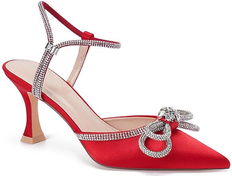 MissHeel Clear Rhinestone Ankle Strap Pumps Heels with Crystal Double Bows 3 inch | Amazon (US)