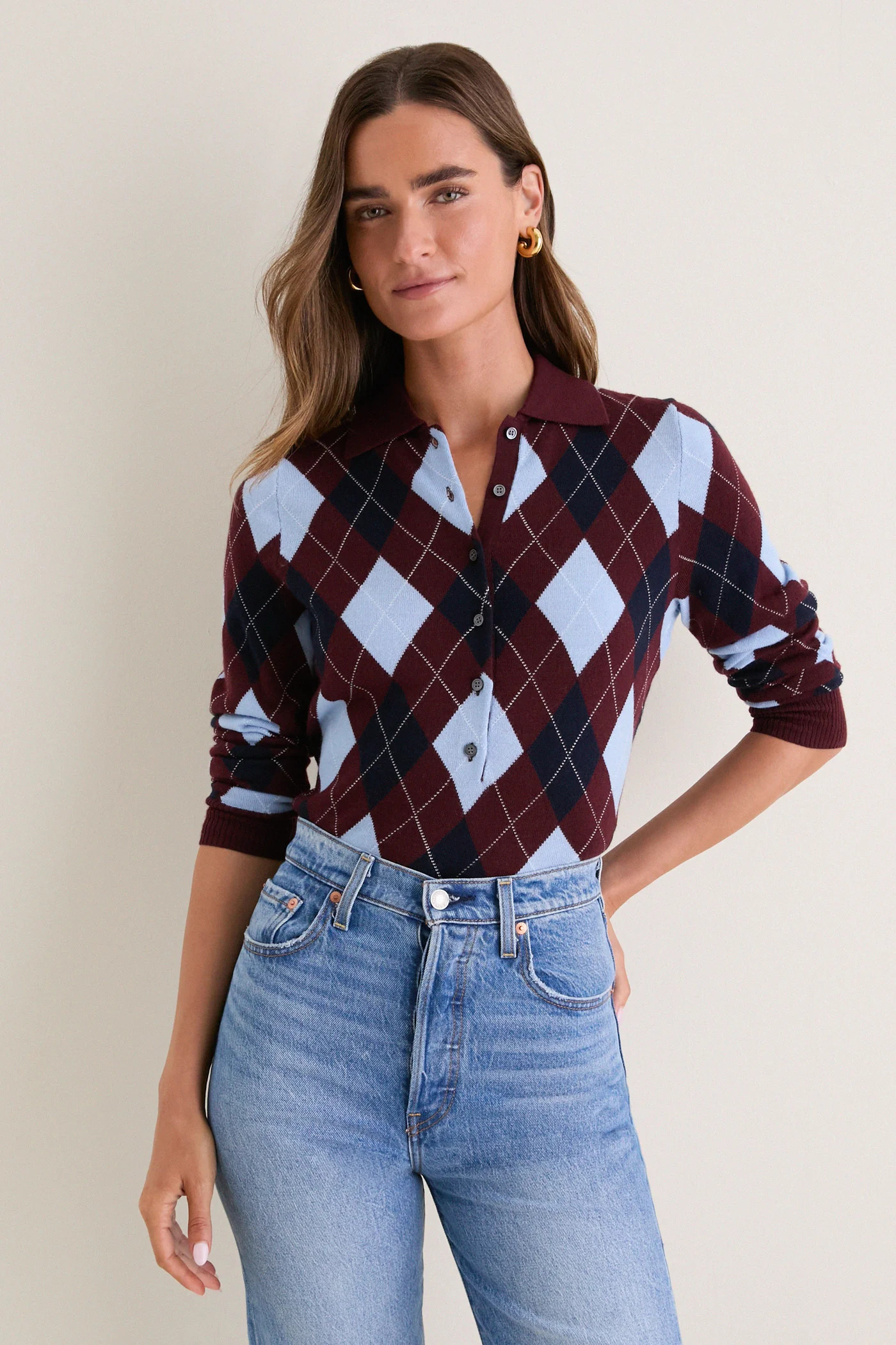 Burgundy Argyle Long Placket Polo | Tuckernuck (US)