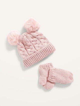 Cable-Knit Pom-Pom Beanie Hat &#x26; Mittens Set for Toddler Girls | Old Navy (US)