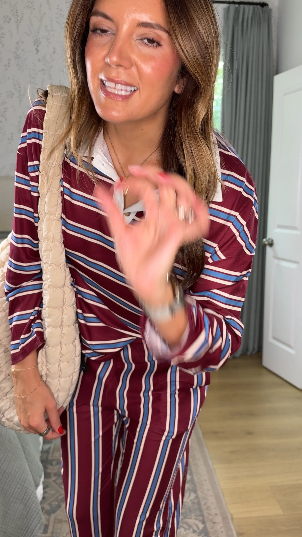 Striped matching rugby shirt set! I wear a size medium. I’m 5’7”. It’s more versatile than you think!!