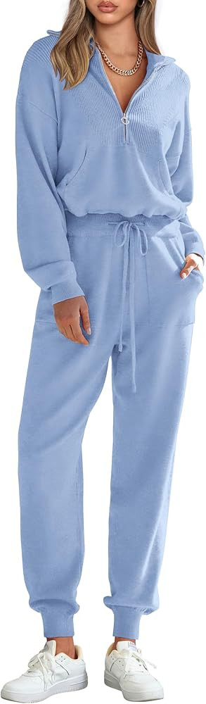 PRETTYGARDEN Women's 2 Piece Sweater Set Pullover Zip Up Sweatshirt Jogger Sweatpants Tracksuit C... | Amazon (US)