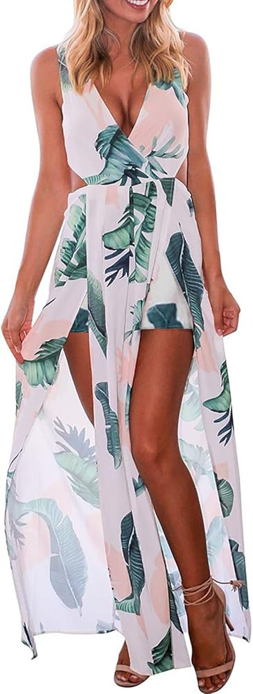 LKOUS Women's Floral Print Dresses, High Split Beach Hawaiian Long Dress,Swimwear Cover Ups Vacat... | Amazon (US)