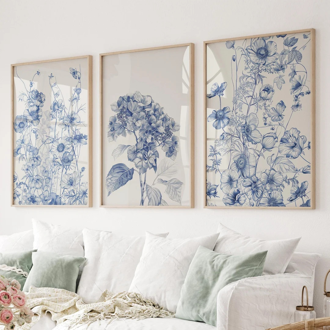 Blue Chinoiserie Wall Art, Printed and Shipped Living Room Decor, Minimalist Prints Set of 3 Apar... | Etsy (US)