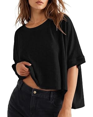 Lepunuo Womens Oversized Summer Tops Crop Shirts Cotton Basic Tee | Short Sleeve Fall T Shirts,Cr... | Amazon (US)