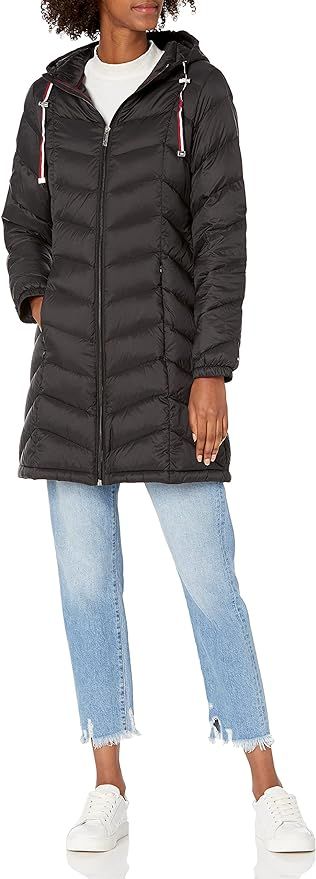 Tommy Hilfiger Women's Mid-Length Puffer Hooded Down Jacket with Drawstring Packing Bag | Amazon (US)