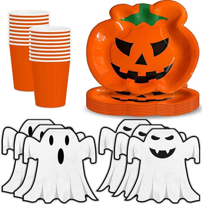 Halloween Party Supplies, 24 Serving - Pumpkin Shaped Plates, Ghost Shaped Napkins, Orange Cups -... | Amazon (US)