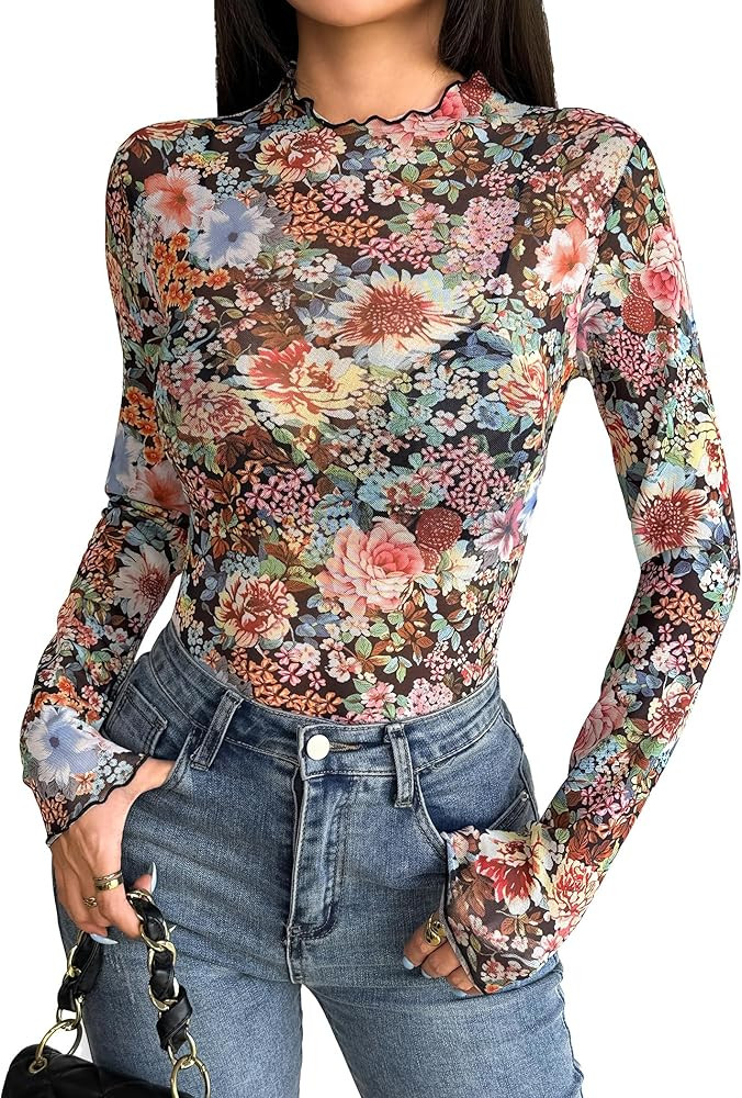 Zeagoo Womens Mesh Long Sleeve Tops Mock Neck Going Out See Through Shirts Sexy Sheer Blouses Clu... | Amazon (US)