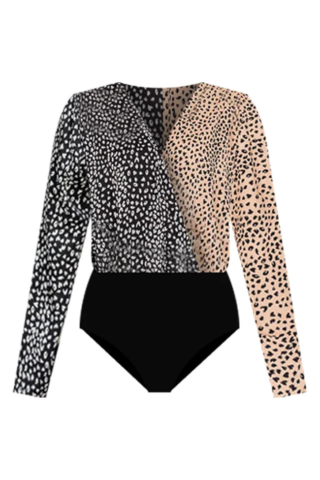 Can't Deny My Love Black and Taupe Spliced Leopard Print Bodysuit | Pink Lily