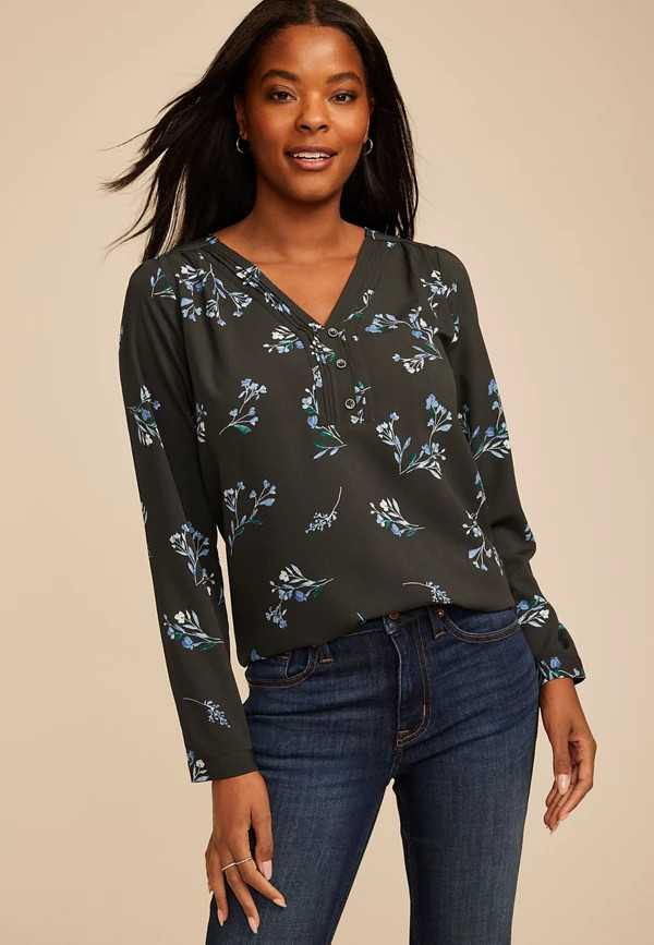 Floral Pleated V Neck Button Front Blouse | Maurices