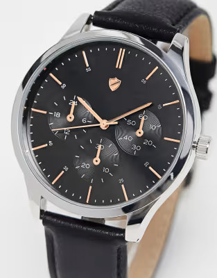 ASOS DESIGN classic watch with black face and rose gold details and real leather strap | ASOS (Global)